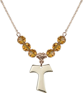 18" Hamilton Gold Plated Necklace with 4mm Topaz Crystal Beads featuring a 14kt Gold Filled Tau Cross Medal.
