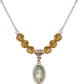 18" Hamilton Gold Plated Necklace with 4mm Topaz Crystal Beads featuring a 14kt Gold Filled Miraculous Medal.