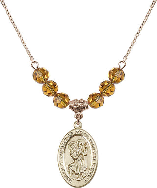 18" Hamilton Gold Plated Necklace with 4mm Topaz Crystal Beads featuring a 14kt Gold Filled Saint Christopher Medal. Engraved Catholic Saint Jewelry