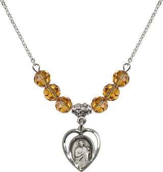 18" Rhodium Plated Necklace with 4mm Topaz Crystal Beads featuring a Sterling Silver Saint Jude Medal.