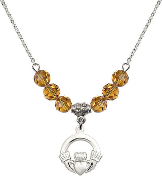 18" Rhodium Plated Necklace with 4mm Topaz Crystal Beads featuring a Sterling Silver Claddagh Medal.