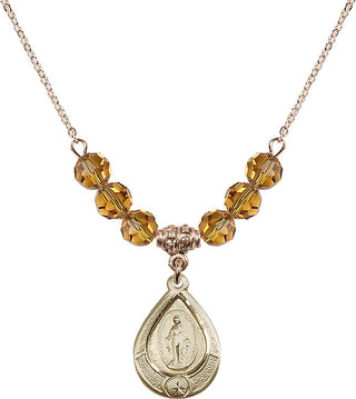 18" Hamilton Gold Plated Necklace with 4mm Topaz Crystal Beads featuring a 14kt Gold Filled Miraculous Medal.