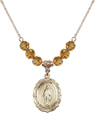 18" Hamilton Gold Plated Necklace with 4mm Topaz Crystal Beads featuring a 14kt Gold Filled Miraculous Medal.