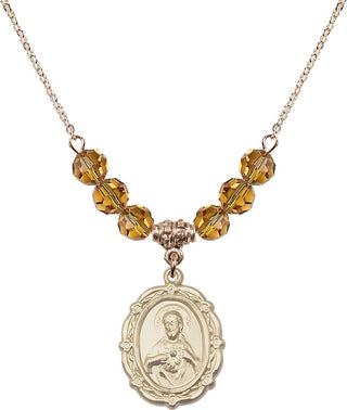18" Hamilton Gold Plated Necklace with 4mm Topaz Crystal Beads featuring a 14kt Gold Filled Scapular Medal.