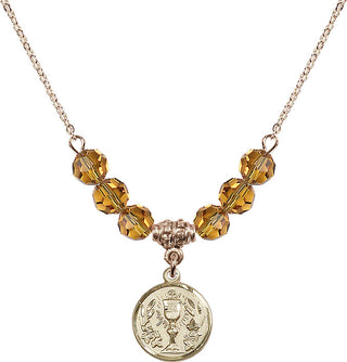18" Hamilton Gold Plated Necklace with 4mm Topaz Crystal Beads featuring a 14kt Gold Filled Communion Chalice Medal.