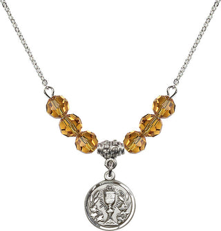 18" Rhodium Plated Necklace with 4mm Topaz Crystal Beads featuring a Sterling Silver Communion Chalice Medal.