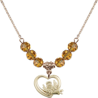 18" Hamilton Gold Plated Necklace with 4mm Topaz Crystal Beads featuring a 14kt Gold Filled Heart / Guardian Angel Medal.