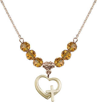 18" Hamilton Gold Plated Necklace with 4mm Topaz Crystal Beads featuring a 14kt Gold Filled Heart / Cross Medal.