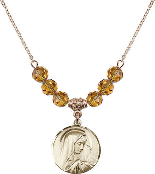 18" Hamilton Gold Plated Necklace with 4mm Topaz Crystal Beads featuring a 14kt Gold Filled Sorrowful Mother Medal.