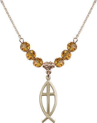 18" Hamilton Gold Plated Necklace with 4mm Topaz Crystal Beads featuring a 14kt Gold Filled Fish / Cross Medal.