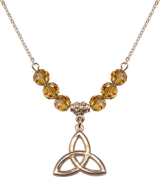 18" Hamilton Gold Plated Necklace with 4mm Topaz Crystal Beads featuring a 14kt Gold Filled Trinity Irish Knot Medal.