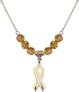 18" Hamilton Gold Plated Necklace with 4mm Topaz Crystal Beads featuring a 14kt Gold Filled Cancer Awareness Medal.