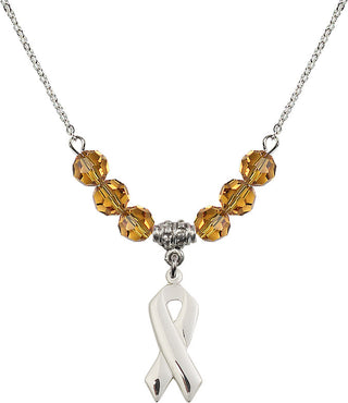 18" Rhodium Plated Necklace with 4mm Topaz Crystal Beads featuring a Sterling Silver Cancer Awareness Medal.