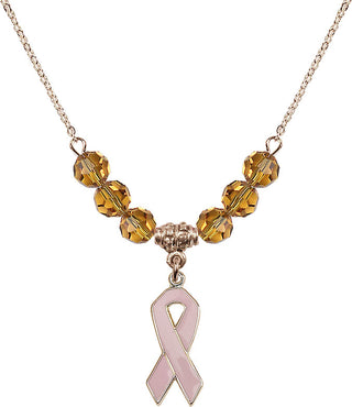 18" Hamilton Gold Plated Necklace with 4mm Topaz Crystal Beads featuring a 14kt Gold Filled Cancer Awareness Medal.