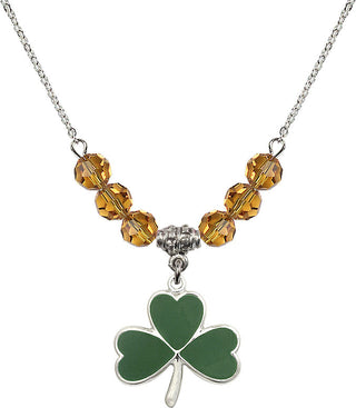 18" Rhodium Plated Necklace with 4mm Topaz Crystal Beads featuring a Sterling Silver Shamrock Medal.