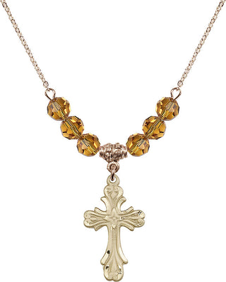18" Hamilton Gold Plated Necklace with 4mm Topaz Crystal Beads featuring a 14kt Gold Filled Cross Medal.