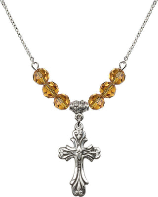18" Rhodium Plated Necklace with 4mm Topaz Crystal Beads featuring a Sterling Silver Cross Medal.