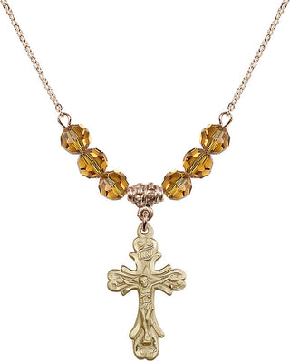 18" Hamilton Gold Plated Necklace with 4mm Topaz Crystal Beads featuring a 14kt Gold Filled Crucifix Medal.