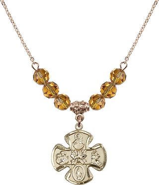18" Hamilton Gold Plated Necklace with 4mm Topaz Crystal Beads featuring a 14kt Gold Filled 5-Way Medal.