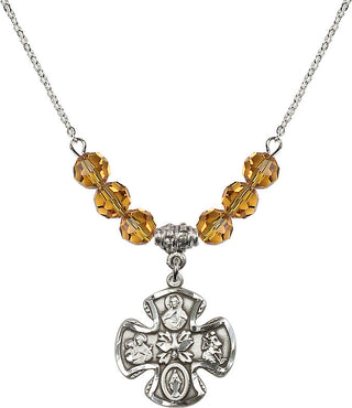 18" Rhodium Plated Necklace with 4mm Topaz Crystal Beads featuring a Sterling Silver 5-Way Medal.