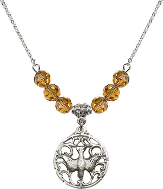 18" Rhodium Plated Necklace with 4mm Topaz Crystal Beads featuring a Sterling Silver Holy Spirit Medal.