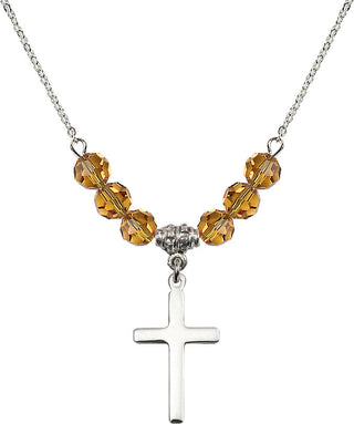 18" Rhodium Plated Necklace with 4mm Topaz Crystal Beads featuring a Sterling Silver Cross Medal.