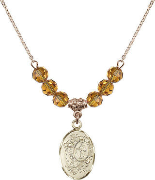 18" Hamilton Gold Plated Necklace with 4mm Topaz Crystal Beads featuring a 14kt Gold Filled Miraculous Medal.