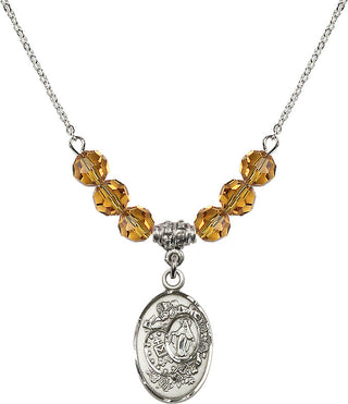 18" Rhodium Plated Necklace with 4mm Topaz Crystal Beads featuring a Sterling Silver Miraculous Medal.
