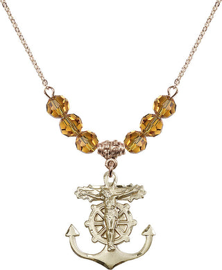 18" Hamilton Gold Plated Necklace with 4mm Topaz Crystal Beads featuring a 14kt Gold Filled Anchor Crucifix Medal.