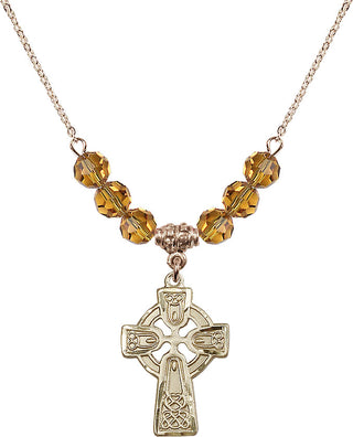 18" Hamilton Gold Plated Necklace with 4mm Topaz Crystal Beads featuring a 14kt Gold Filled Celtic Cross Medal.