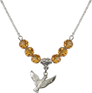 18" Rhodium Plated Necklace with 4mm Topaz Crystal Beads featuring a Sterling Silver Holy Spirit Medal.