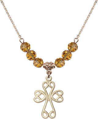 18" Hamilton Gold Plated Necklace with 4mm Topaz Crystal Beads featuring a 14kt Gold Filled Scroll Cross Medal.