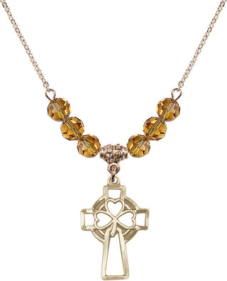 18" Hamilton Gold Plated Necklace with 4mm Topaz Crystal Beads featuring a 14kt Gold Filled Shamrock Cross Medal.
