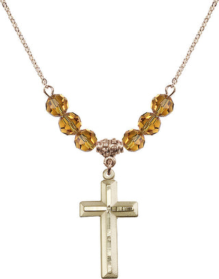 18" Hamilton Gold Plated Necklace with 4mm Topaz Crystal Beads featuring a 14kt Gold Filled Cross Medal. Engraved Catholic Saint Jewelry