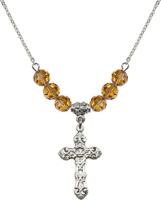 18" Rhodium Plated Necklace with 4mm Topaz Crystal Beads featuring a Sterling Silver Cross Medal. Engraved Catholic Saint Jewelry