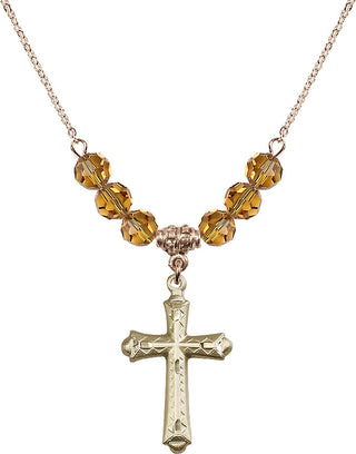 18" Hamilton Gold Plated Necklace with 4mm Topaz Crystal Beads featuring a 14kt Gold Filled Cross Medal. Engraved Catholic Saint Jewelry