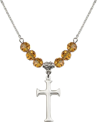 18" Rhodium Plated Necklace with 4mm Topaz Crystal Beads featuring a Sterling Silver Cross Medal. Engraved Catholic Saint Jewelry