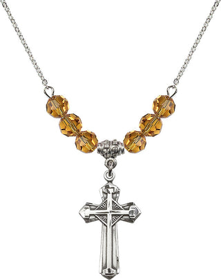 18" Rhodium Plated Necklace with 4mm Topaz Crystal Beads featuring a Sterling Silver Cross Medal. Engraved Catholic Saint Jewelry