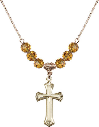 18" Hamilton Gold Plated Necklace with 4mm Topaz Crystal Beads featuring a 14kt Gold Filled Cross Medal. Engraved Catholic Saint Jewelry