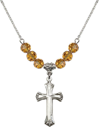 18" Rhodium Plated Necklace with 4mm Topaz Crystal Beads featuring a Sterling Silver Cross Medal. Engraved Catholic Saint Jewelry