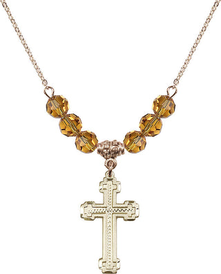 18" Hamilton Gold Plated Necklace with 4mm Topaz Crystal Beads featuring a 14kt Gold Filled Cross Medal.