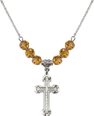 18" Rhodium Plated Necklace with 4mm Topaz Crystal Beads featuring a Sterling Silver Cross Medal.