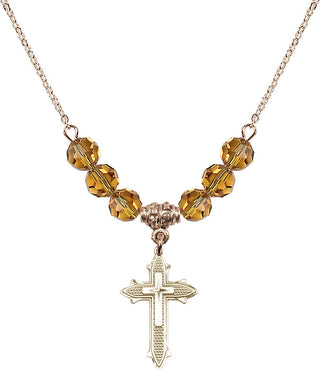 18" Hamilton Gold Plated Necklace with 4mm Topaz Crystal Beads featuring a 14kt Gold Filled Cross on Cross Medal. Engraved Catholic Saint Jewelry
