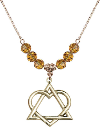 18" Hamilton Gold Plated Necklace with 4mm Topaz Crystal Beads featuring a 14kt Gold Filled Adoption Heart Medal.