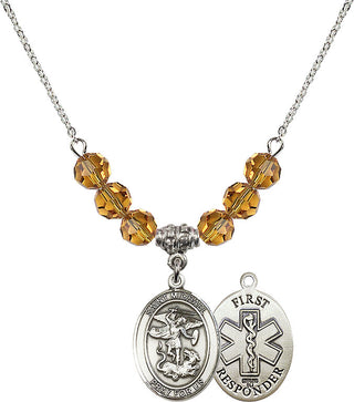 18" Rhodium Plated Necklace with 4mm Topaz Crystal Beads featuring a Sterling Silver Saint Michael/1St Responder Medal.