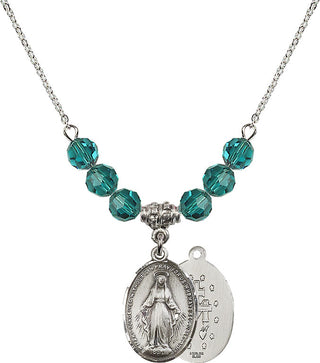 18" Rhodium Plated Necklace with 4mm Zircon Crystal Beads featuring a Sterling Silver Miraculous Medal.