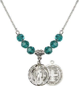 18" Rhodium Plated Necklace with 4mm Zircon Crystal Beads featuring a Sterling Silver Saint Benedict Medal.