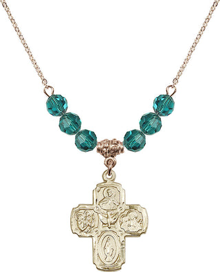18" Hamilton Gold Plated Necklace with 4mm Zircon Crystal Beads featuring a 14kt Gold Filled 5-Way Medal.
