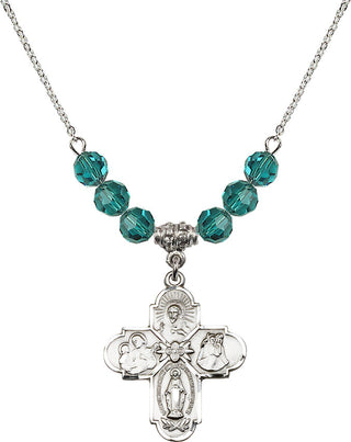 18" Rhodium Plated Necklace with 4mm Zircon Crystal Beads featuring a Sterling Silver 4-Way Medal.