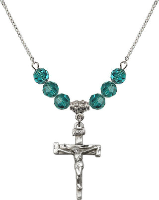 18" Rhodium Plated Necklace with 4mm Zircon Crystal Beads featuring a Sterling Silver Nail Crucifix Medal.